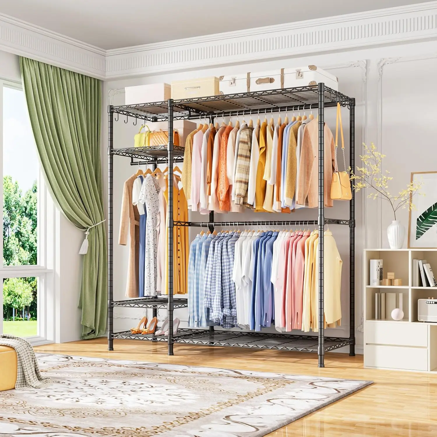 Heavy Duty Clothes Rack Multi Tier Garment Storage Stand Portable Wardrobe Closet Organizer Unit Freestanding Metal Coat Hanger Rack For Bedroom Laundry Walk In Closet Black