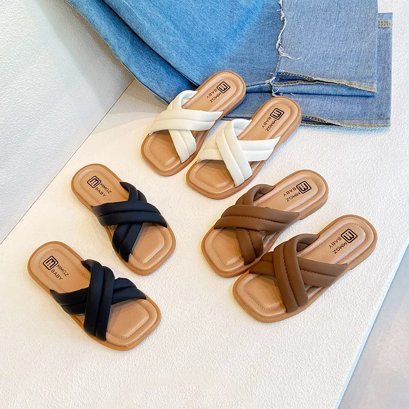 

Children New Summer Slippers Kids Shoe Flat Bottom Cross Strap Shoe Girl Princess Cool Slippers Soft Bottom Outside Wear Sandals