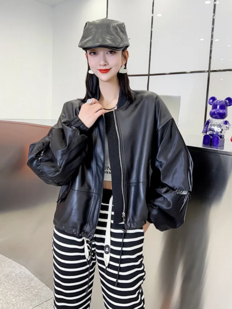 Spring New Women Oversized Hollow Out Puff Sleeve Genuine Leather Jacket Casual Stand Collar Loose Fit Sheepskin Coat Streetwear