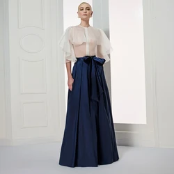 Elegant Navy Blue Maxi Skirt for Women High Waist Floor Length Ruffles Taffeta Long Evening Skirt with Pockets Sash Custom Made