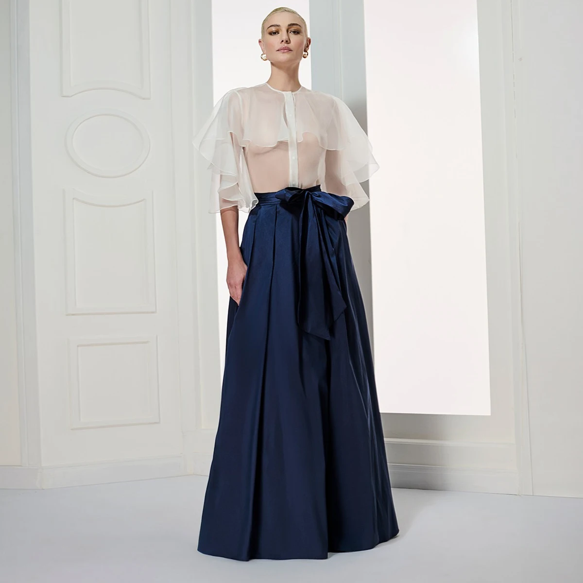 Elegant Navy Blue Maxi Skirt for Women High Waist Floor Length Ruffles Taffeta Long Evening Skirt with Pockets Sash Custom Made