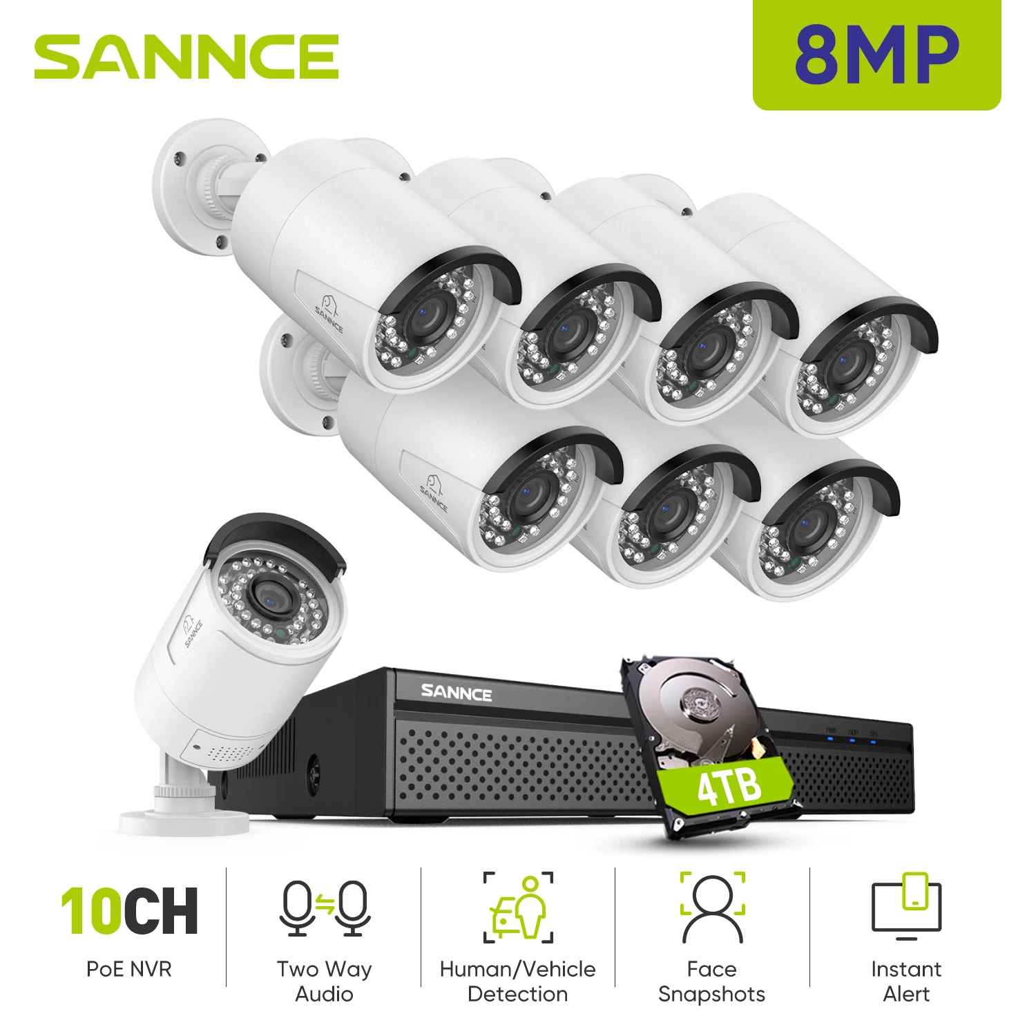 SANNCE 4K Home Surveillance Camera System Two Way Voice Smart IR Night Vision CCTV Security Protection Camera Kit Remote Monitor