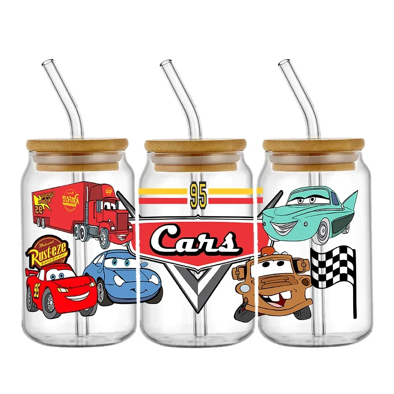 Cartoon Cars McQueen UV DTF Transfer Stickers Cup Wrap Toys For 16oz Libbey Glass Can Bottle Self-adhesive waterproof Label Wrap