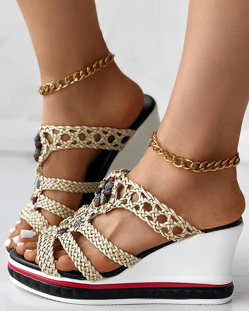 Fashion Sandals Flip Flops Women Colorful Beaded Braided Wedge Shoes Beads Slippers Platform Summer Shoes Wedges Ladies