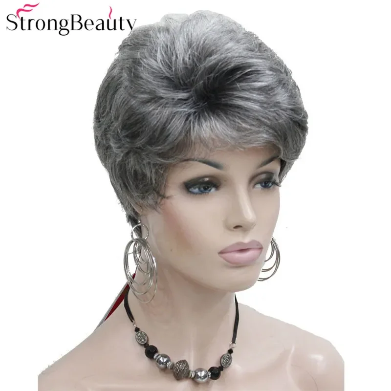 StrongBeauty Synthetic Short Straight Hair Puffy Natural Blonde/Silver Grey Wigs With Bangs Women Many Colors