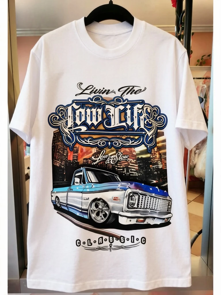 Lowrider Classic Truck Livin The Low Life Graphic T-Shirt Clothing Graphic Short Sleeve Shirt Men Women for Spring and Summer