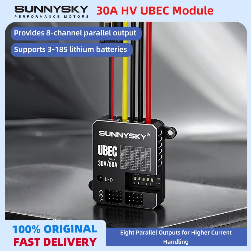 

SUNNYSKY 30A HV UBEC 3-18S 9-80В, регулируемый вход, выход 5.2/6/7.4/8.4/9/12В, 8 параллельных выходов, алюминиевый корпус, для радиоуправляемых моделей
