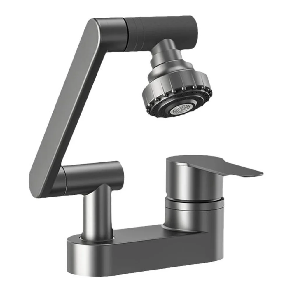 Modern Gray Silver Bathroom Basin Faucet with Single Handle Dual Hole Design 360 Degree Swivel and Two Spray Options