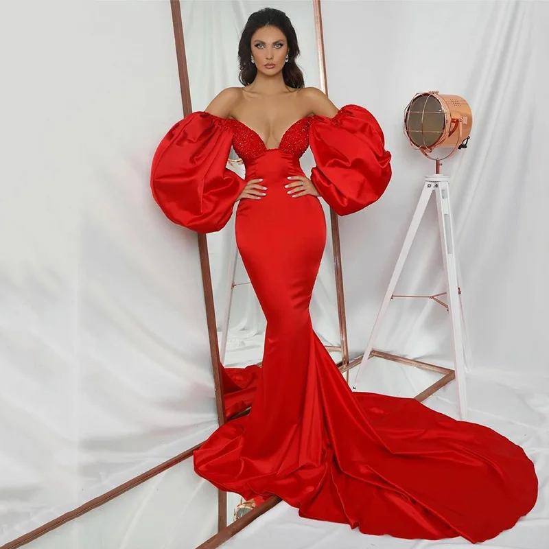 

Red Mermaid Satin Evening Party Dresses Short Sleeve Prom Gowns Women Formal Women Special Occasion Dress Customize
