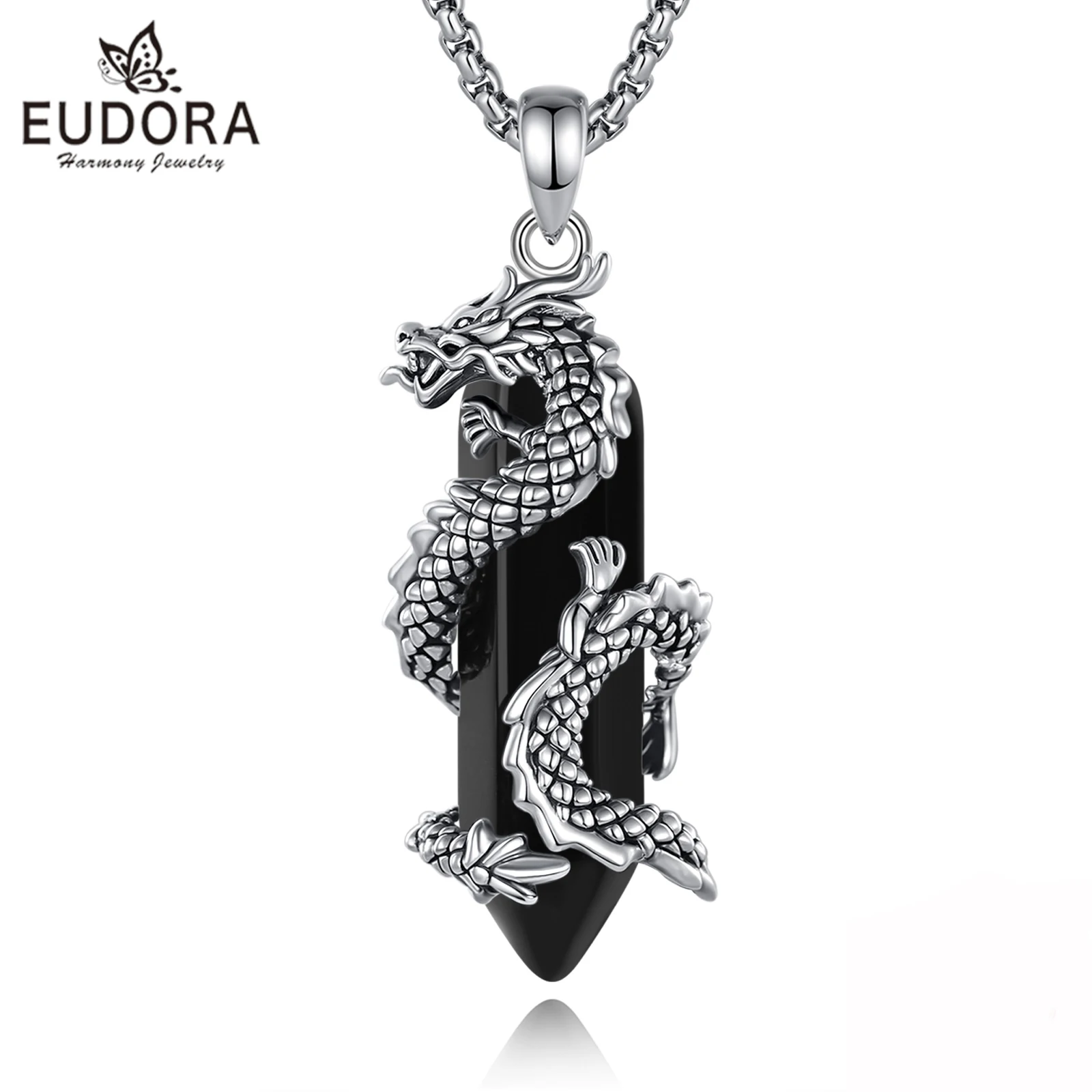 Eudora Dragon Wrapped Hexagonal Obsidian Necklace Punk Crystal Healing Stone Amulet Pendant Spiritual Jewelry Gift for Men Women