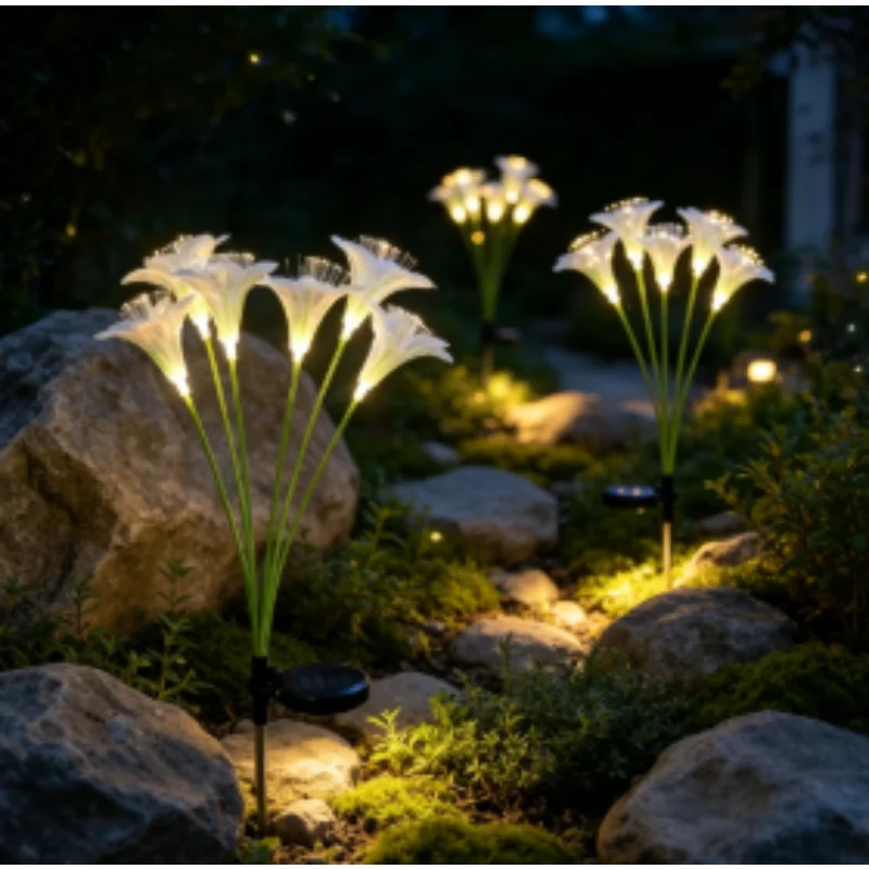 Waterproof Solar Lily Flower LED Light Fiber Optic Outdoor for Garden Yard Lawn Pathway Patio Walkway Backyard Decor New