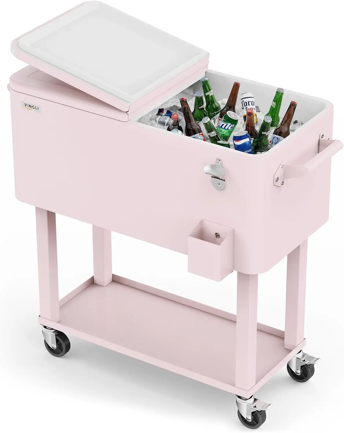 

80 Quart Rolling Ice Chest, Portable Patio Party Bar Drink Cooler Cart, with Shelf, Beverage Pool with Bottle Opener