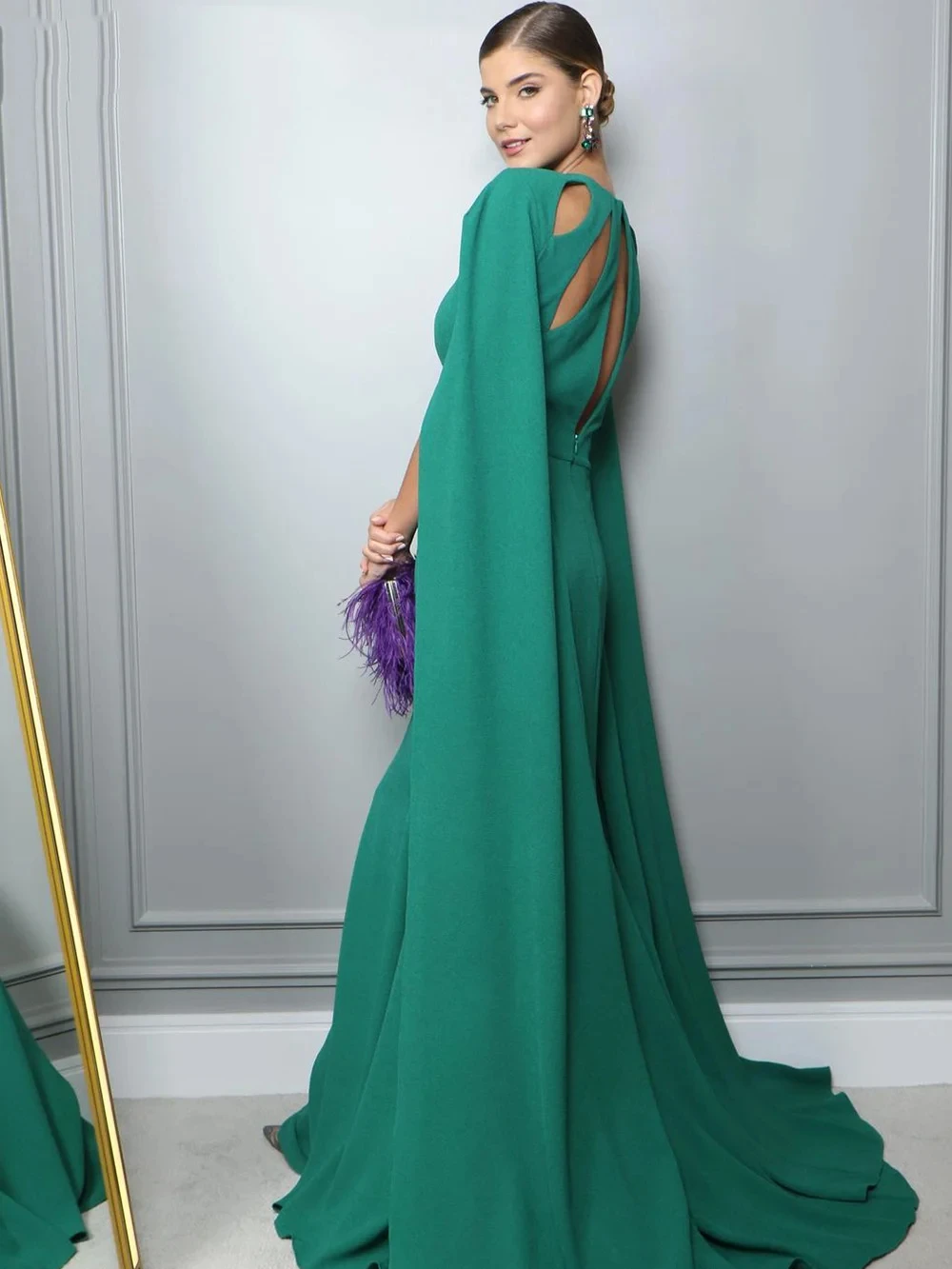 Green Mermaid Satin with Jacket Jewelry Collar Sheath Floor Sweeping Formal Occasion Dress Celebration Party Ball Customization