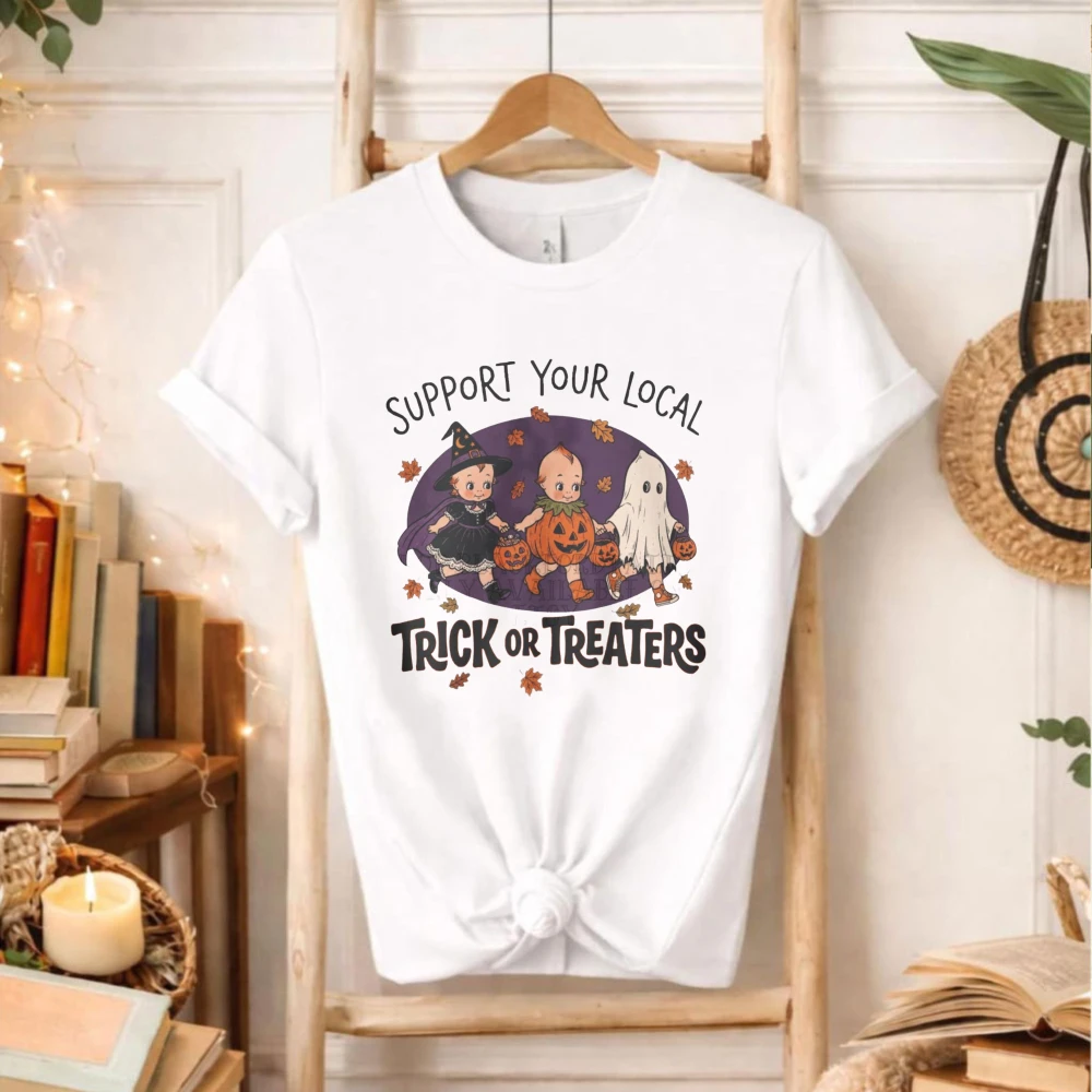Support Your Local Trick or Treaters Halloween Graphic T‑Shirt Vintage Witch Ghost Pumpkin Costume Fall Autumn Holiday Party Top
