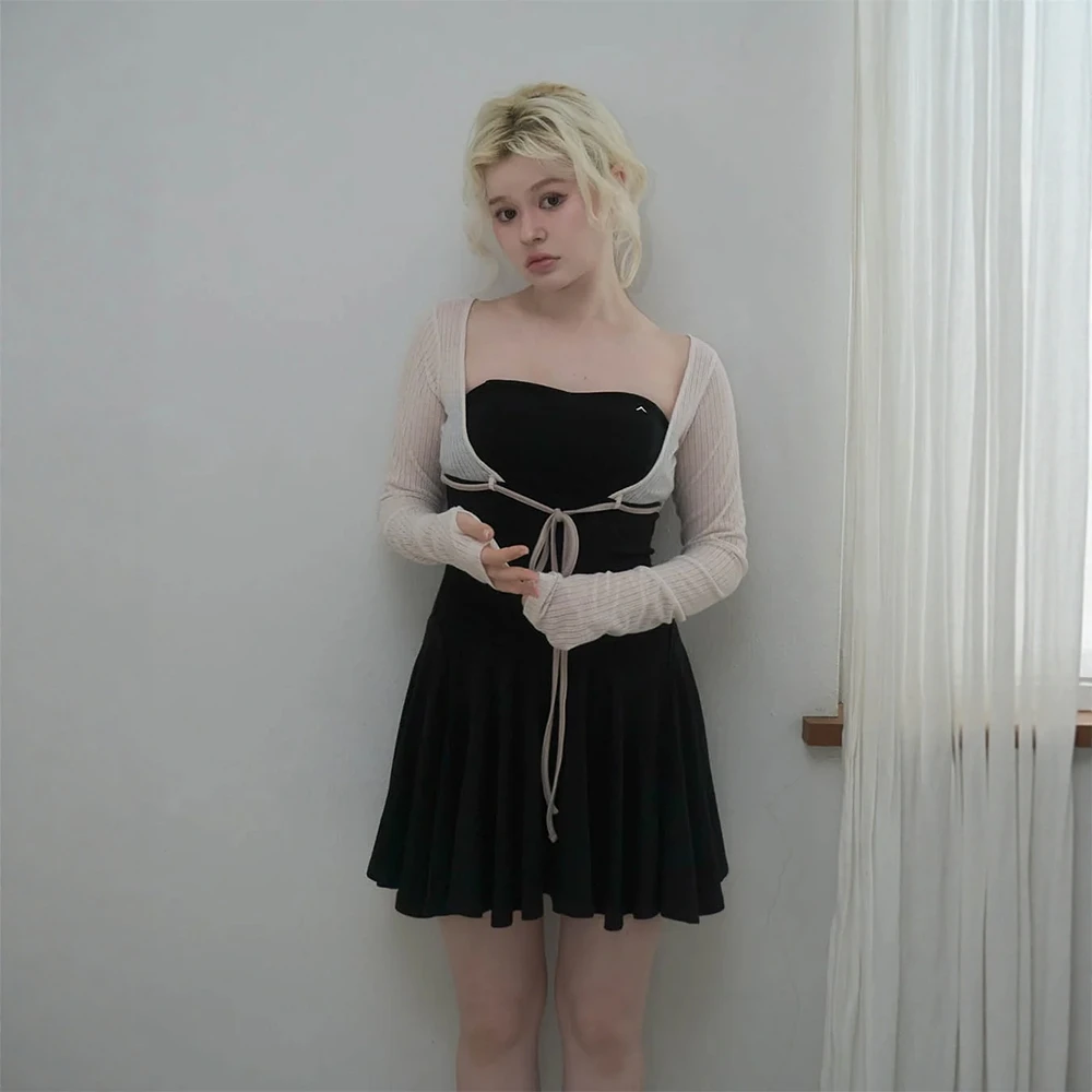 2025 النمط الياباني الحلو وهمية قطعتين فستان بكم طويل و مجموعة تي شيرتات قصيرة للأطفال الربيع والخريف الفتيات سليم صديرية دائرية فساتين صغيرة #4