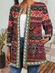 Plus Size Women's 2025 fashion winter jacket retro style loose print collarless women's jacket XL- 5XL