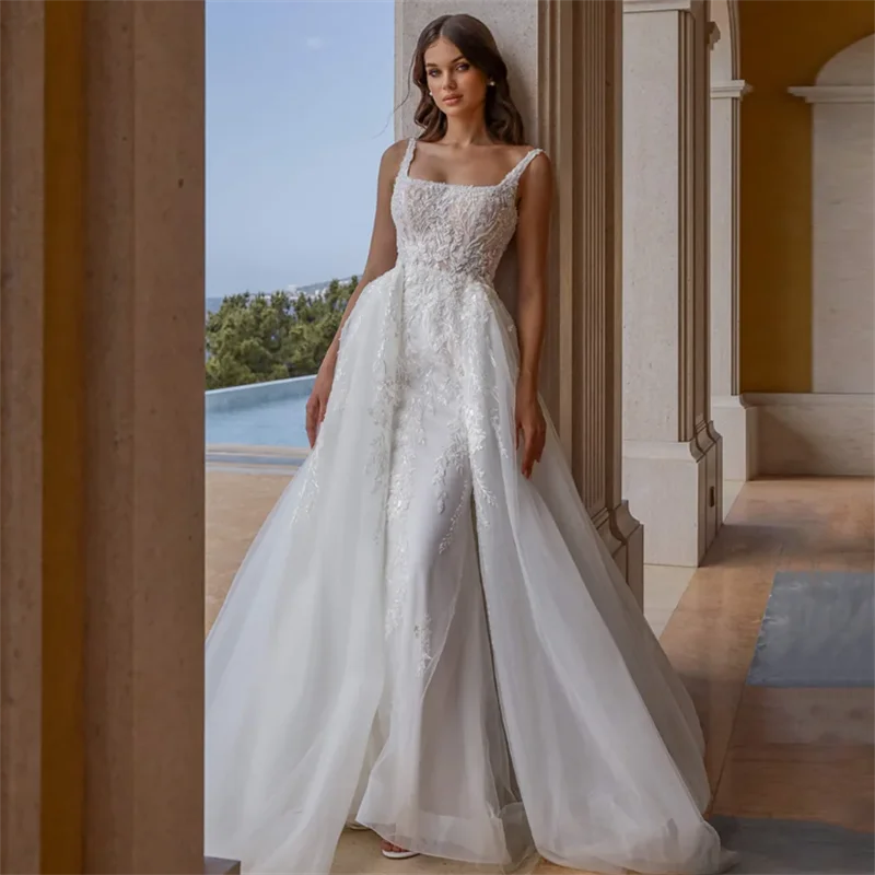 

Mermaid Wedding Dress with Detachable Train Customized Square Neck Beading Applique Sweep Train Vestido De Noiva Bridal Gown