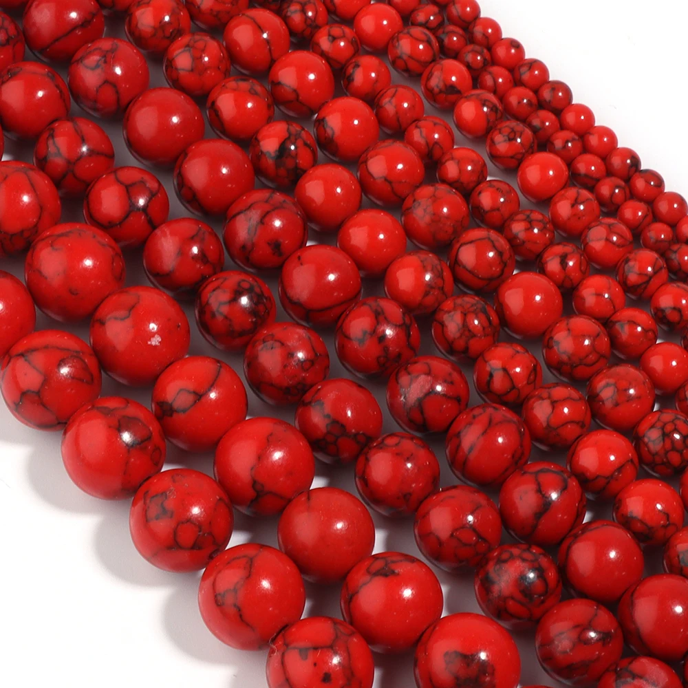 4 6 8 10 12mm Red Natural Turquoise Stone Beads Black Stripes Loose Spacer Round Beads For DIY Craft Bracelet Necklace Jewelry
