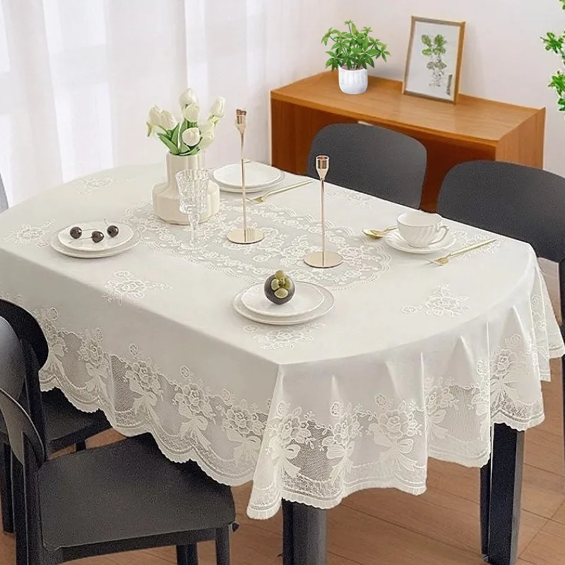 Elegant Off-White Bow Pvc Tablecloth Rectangular Waterproof Oil-Proof Coffee Table Cover Romantic Lace Home Textile for Dining