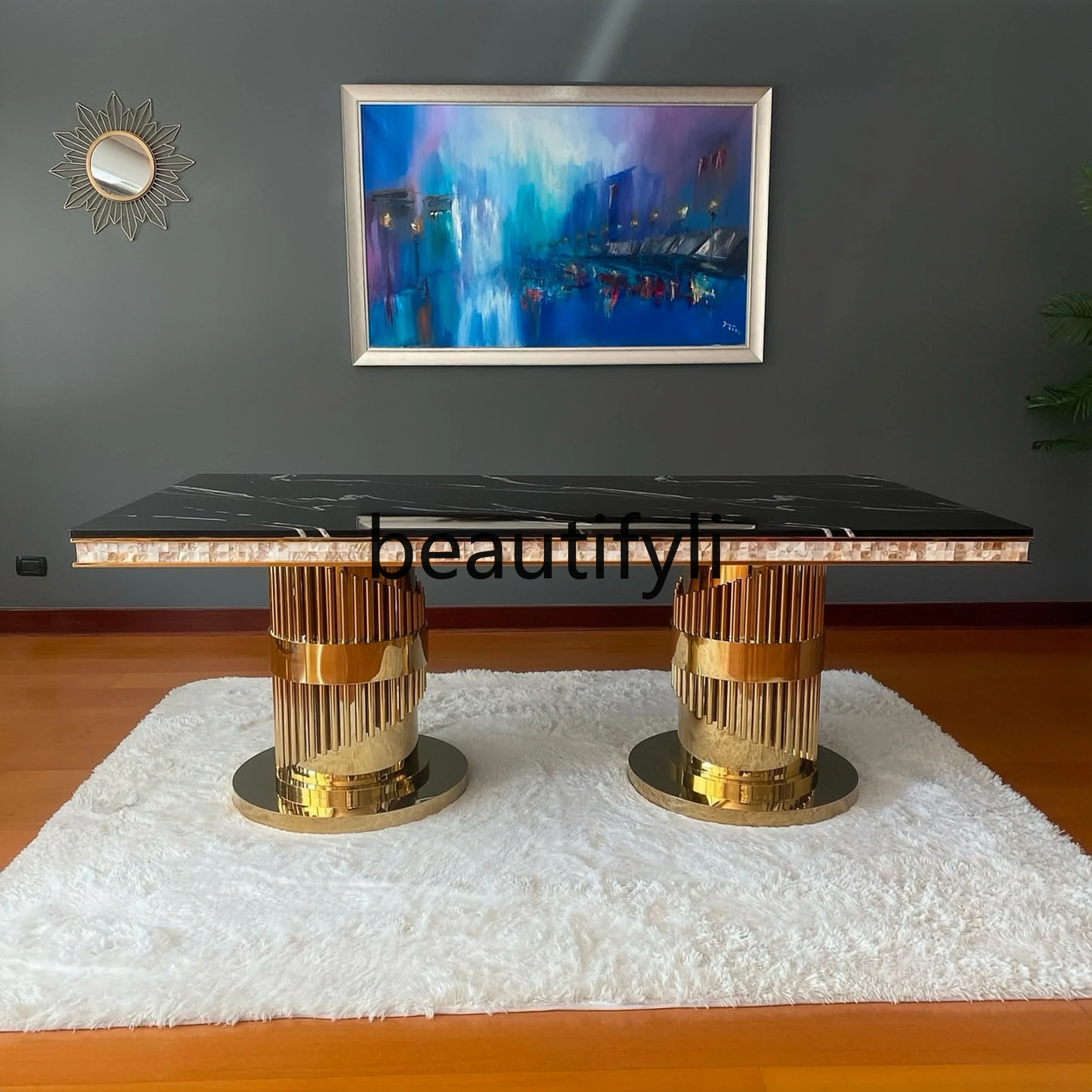 

Light Luxury Stainless Steel High-End Dining Table Modern Simple Home Use Marble Rectangular High-End Dining Table