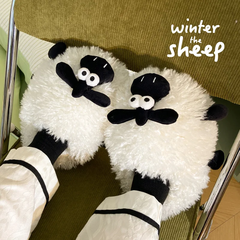 New Fluffy Adult Slip On Slipper With Sheep Design Women Men Home Scuff Shoes Winter Warm Heel Plush Slipper Lamb Slipper Unisex