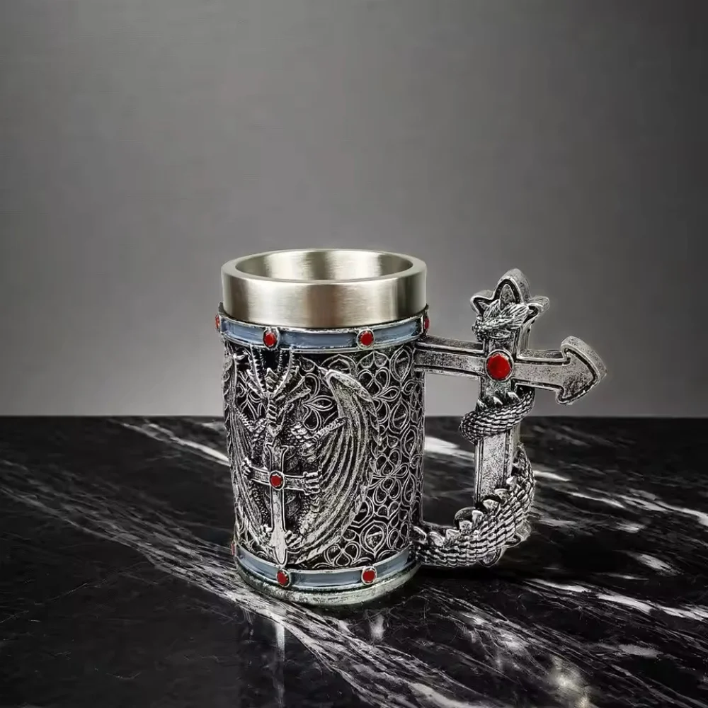 

Gothic Dragon Stainless Steel Mug, Intricate Dragon Cross Design Ideal for Fantasy Enthusiasts and Unique Drinkware