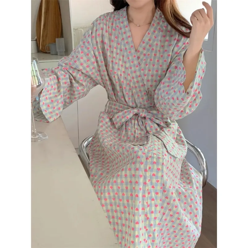 bathrobe women\'s bathing love plaid loose long sleeve long kimono V-neck lace up trousers nightgown sexy robe women\'s girl