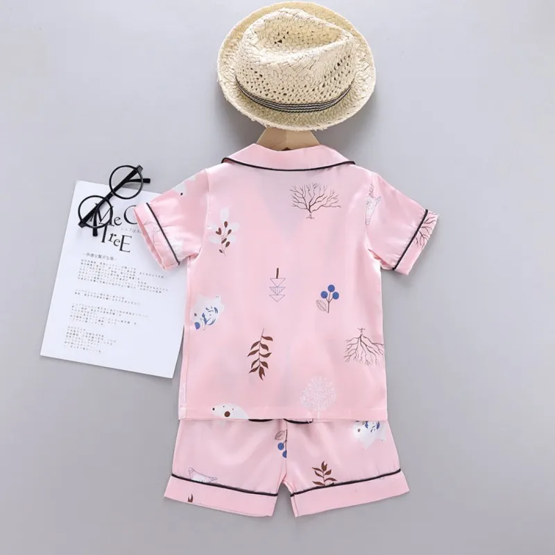 Kids Pajamas Set Silk Satin Kids Boys Girls Sleepwears Outfits Set Print Sleepwear Short Sleeve Blouse Tops+Pants 2PCS Pijamas