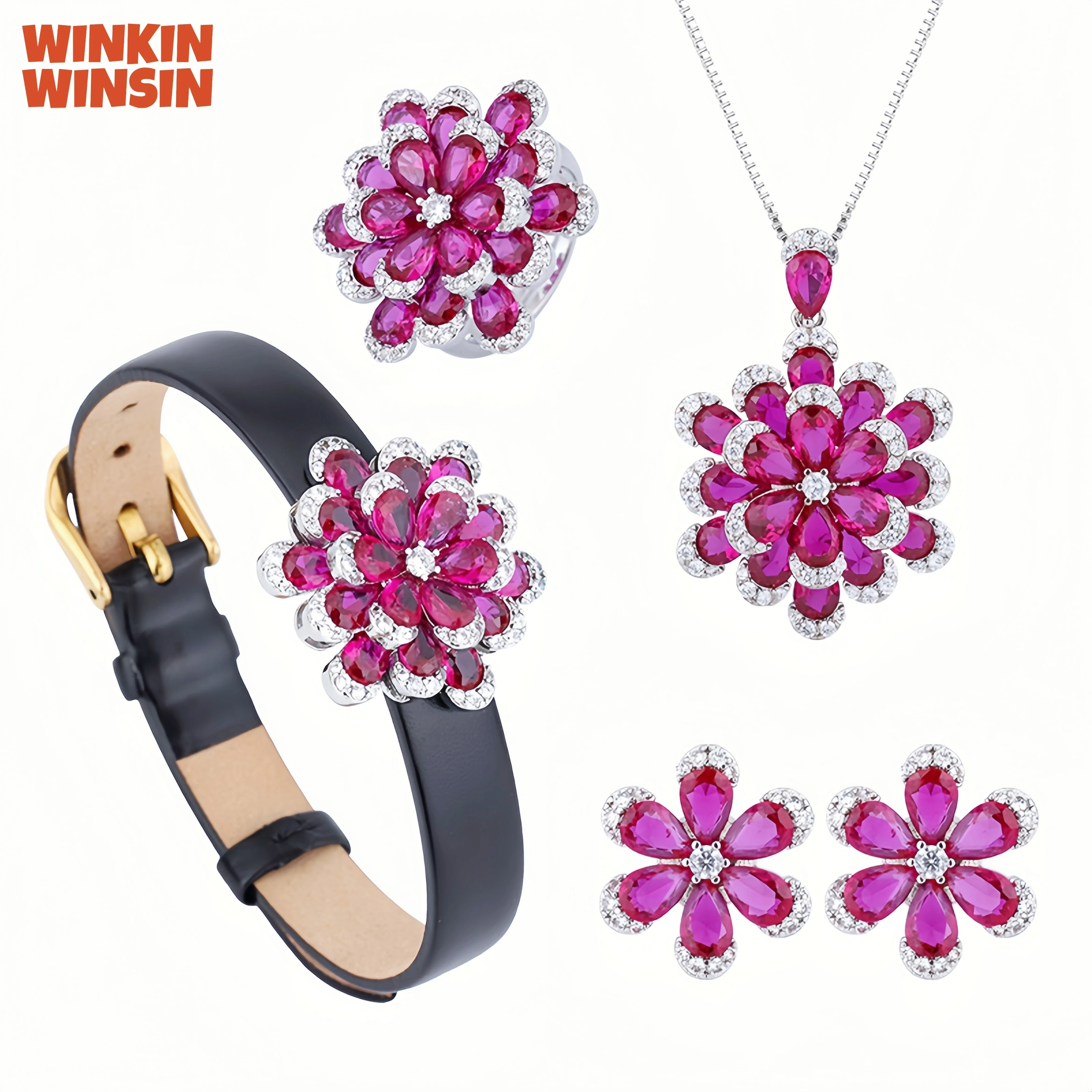 

WINKIN WINSIN Brand MCT Copper Jewelry Set Leather Bangles Gemstones Flower Earrrings Rings Pendant Necklaces Fashion Accessory
