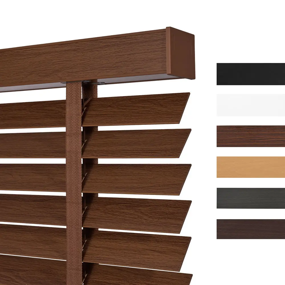 Wholesale Custom 50mm Motorized Faux Wood Venetian Blinds – Wide Slat, Light Control, Basswood Finish for Home & Office