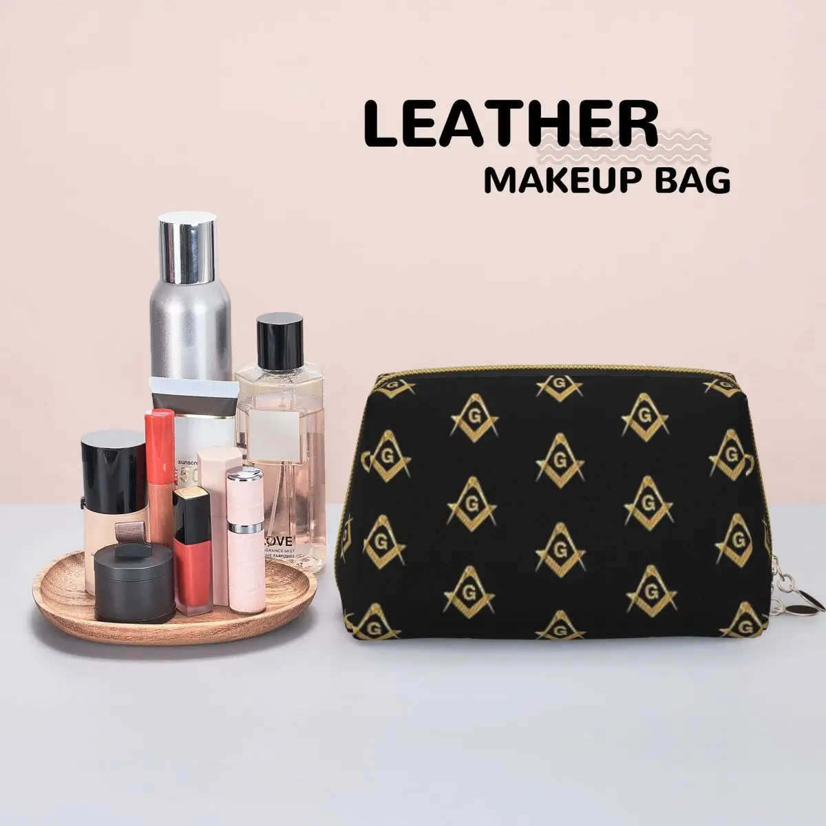 Freemason Pattern Gold Blue Square And Compass Masonic Women Cosmetic Bags Travel Makeup Organizer Pouch Toiletry Storage