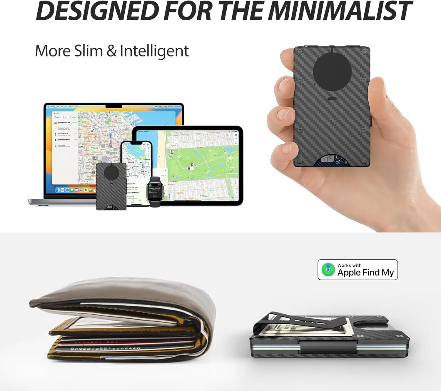 محفظة معدنية ذكية مدمجة Find My Tracker (iOS فقط)، تصميم معدني يحجب RFID، يحمل 12 بطاقة ومشبك نقدي قابل للإزالة