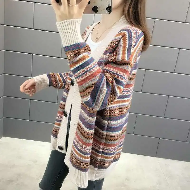 Ethnic Striped Cardigan Women\'s Autumn and Winter 2023 New Korean Version Loose Sweater Knitwear Elegant Women\'s Coat