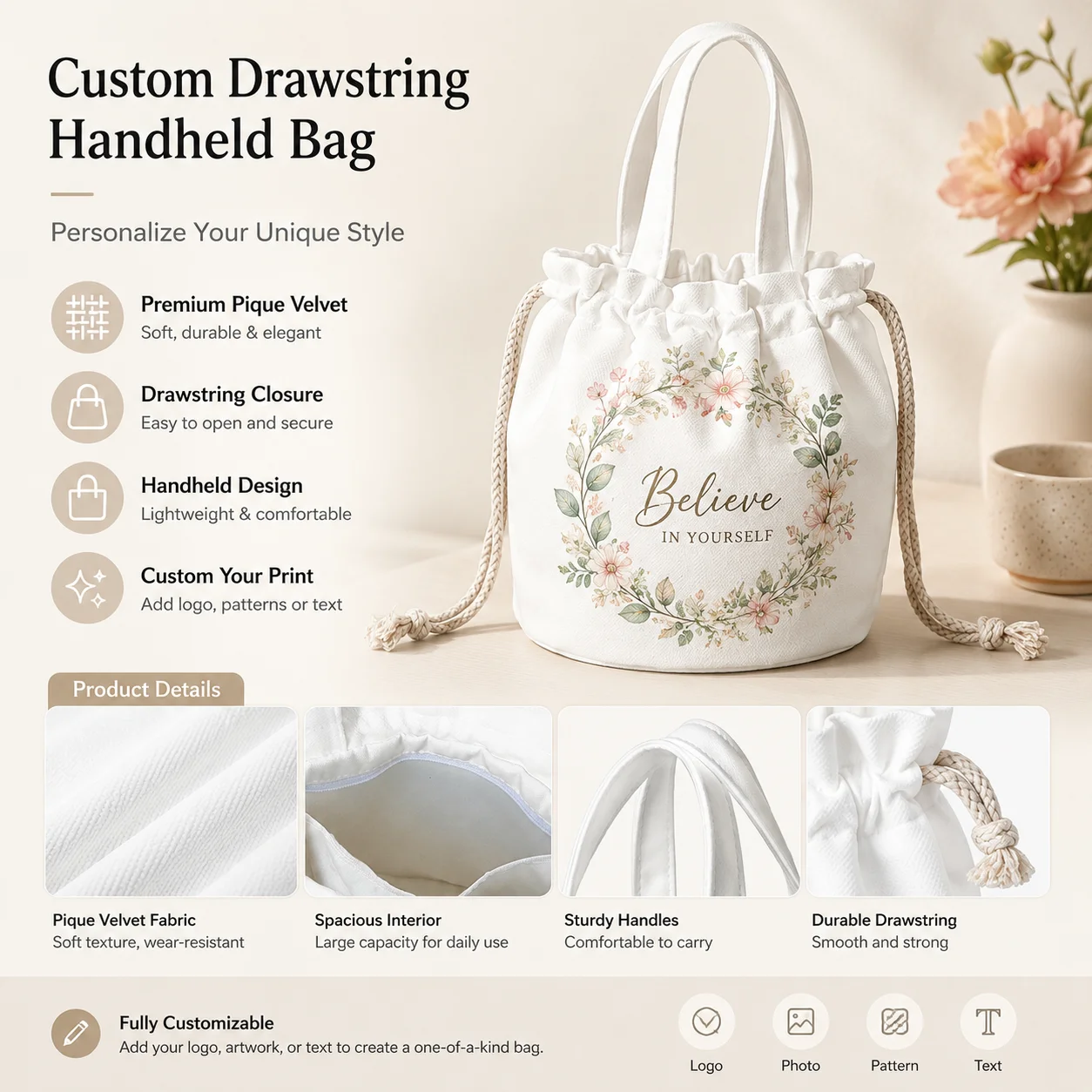 Personalized Mom Gift Drawstring Tote Bag Custom Family Photo Handbag Mother's Day Birthday Gift for Women