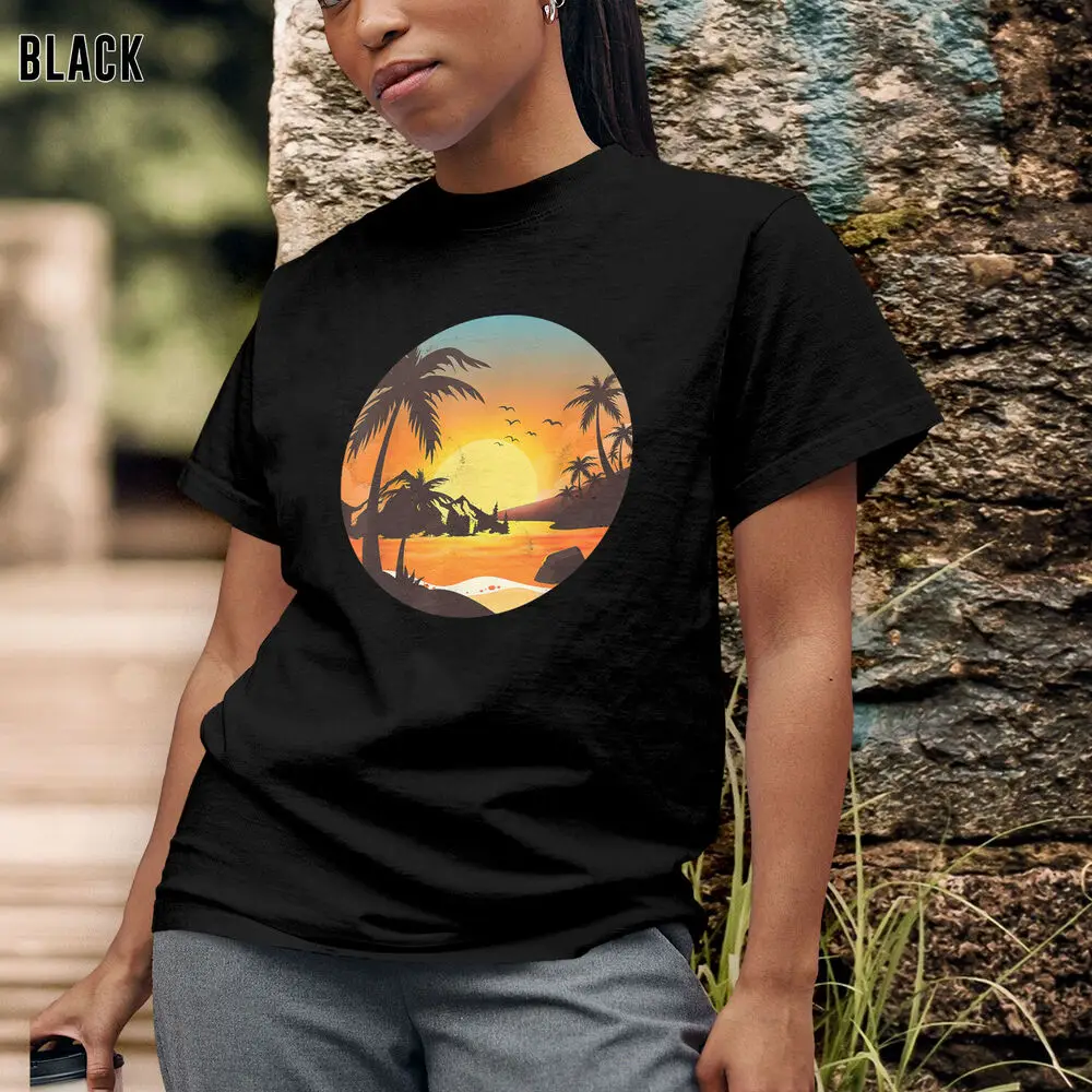 Tropical Sunset Mountains Beach Vacation Palm Trees Forest T-Shirt Womens Mens