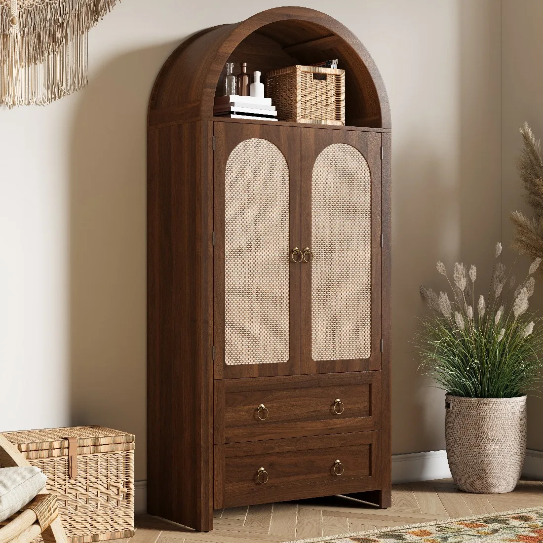 Buffet vintage en rotin tressé avec design en arc, double tiroirs et armoire de rangement pour salon et chambre, étagère incurvée avec portes tissées et crochets latéraux