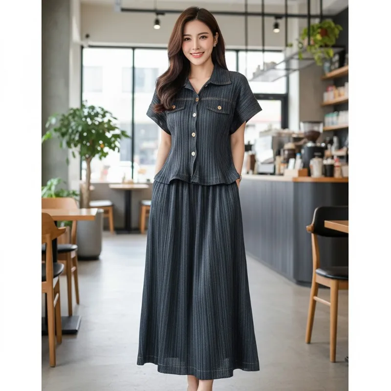 

Miyake Pleated Skirt Set 2026 Spring Faux Denim Shirt Bustier Pleat Set New Single-breasted Blouse A-line Skirt 2-piece Female