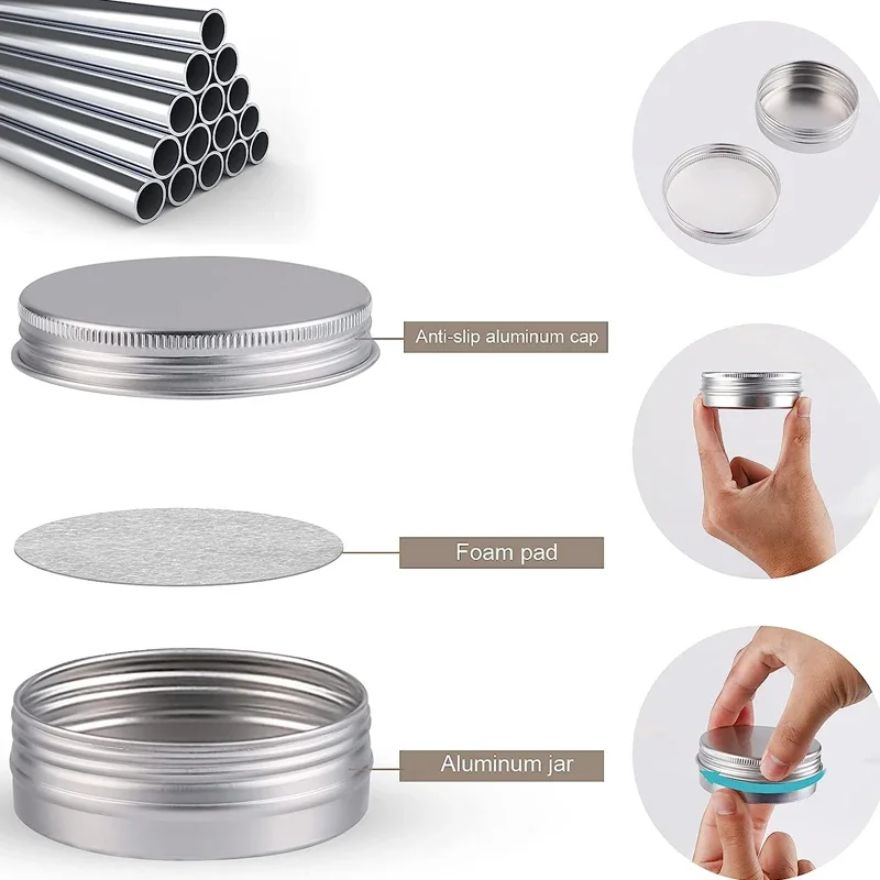 Latas de aluminio plateadas vacías, 100 piezas, 5g-60g, cierre de rosca, latas redondas de Metal para cosméticos, lápiz labial, velas de especias