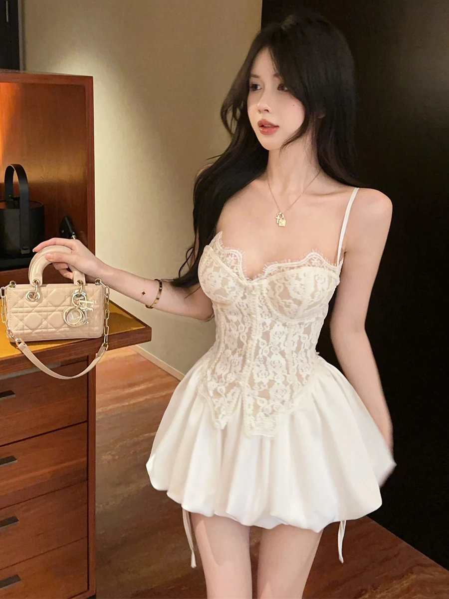 Pure Desire Sexy Lace Splice High Waist Fishbone Slimming Top with Chest Pad Bouffant Skirt Set Breathable Polyester Fabric