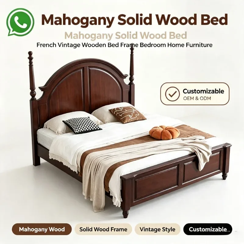 Vintage American Walnut Wood Double Bed, Solid High‑Box Storage Bed Frame for Master Bedroom Small Apartment Household