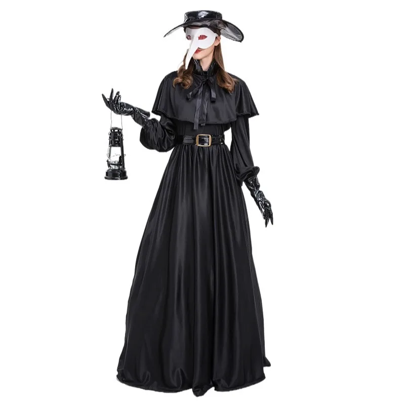 Carnival Halloween Black Couples Plague Doctor Adult Cosplay Costume Middle Ages War Nurse Bird Beak Playsuit Wizard Dress Up