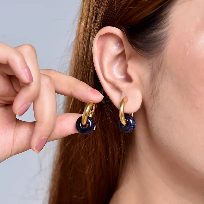Klassische Mode Naturstein Runde Perle Creolen Frau Türkisen 3,0mm Dicke Edelstahl Ohr Schnalle Ohrringe Schmuck – Detail 2