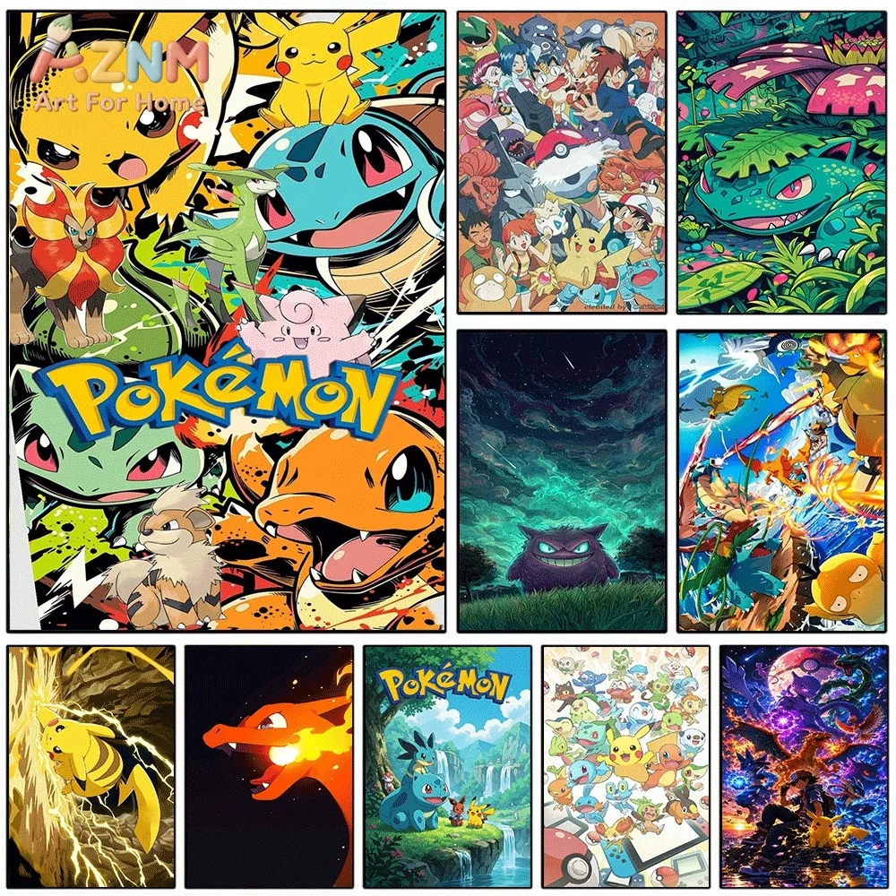 AZNM Pokemon Vibrant Pop Art Group Anime Canvas Wall Print, Game Character Art Poster, Unframed Canvas Painting for Kids Bedro