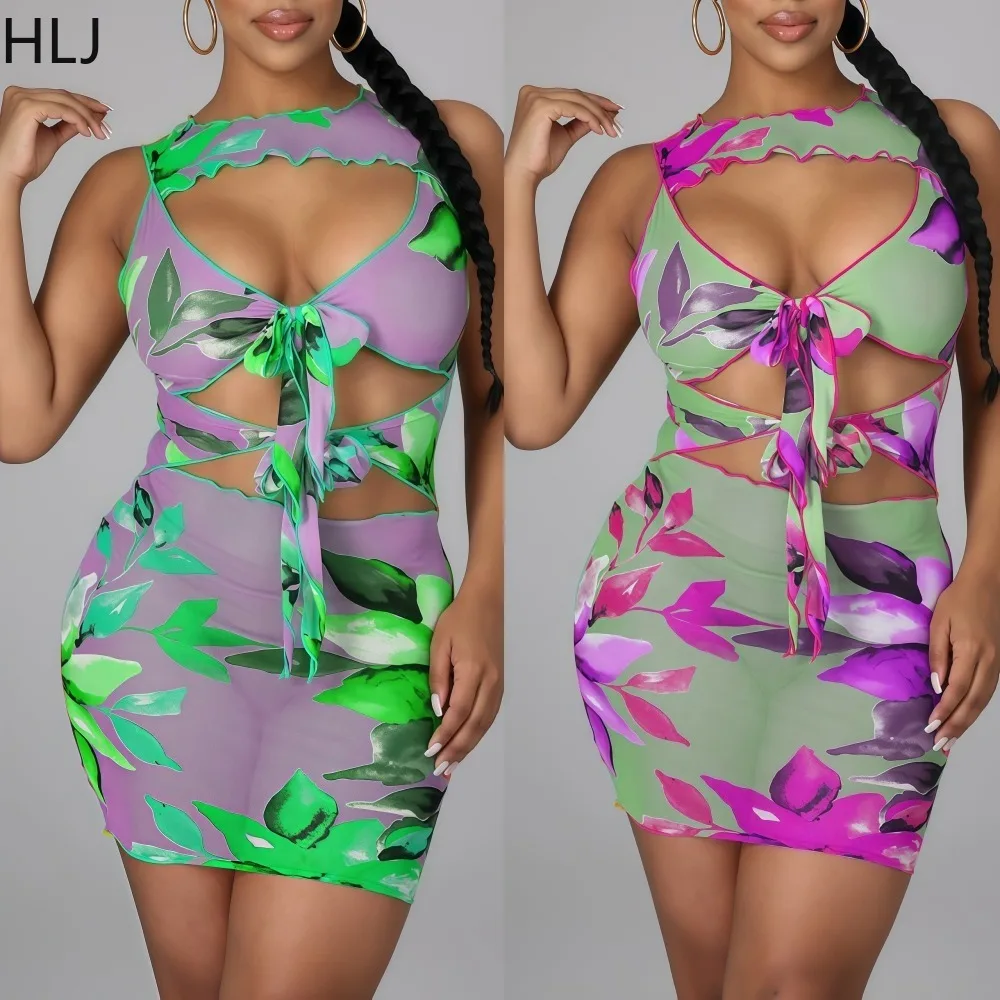 

HLJ Sexy Hollow-out Bodycon Mini Dresses Women See Through Pattern Printing Sleeveless Dress Female Streetwear Vestidos 2025 New