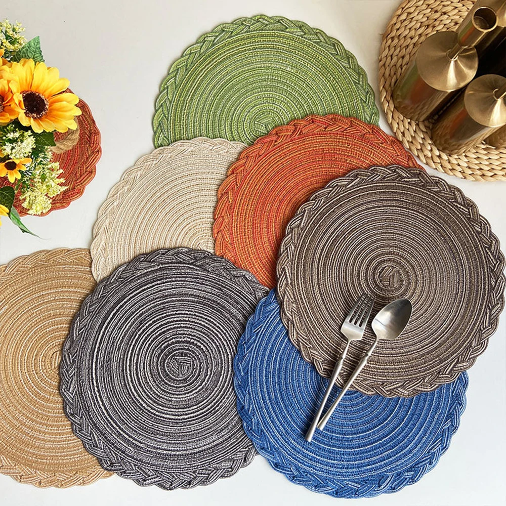 6pcs Woven Ramie Placemats Round Table Mat Anti Slip Dining Table Mats Non-Slip Tableware Bowl Pads Kitchen Drink Cup Coasters