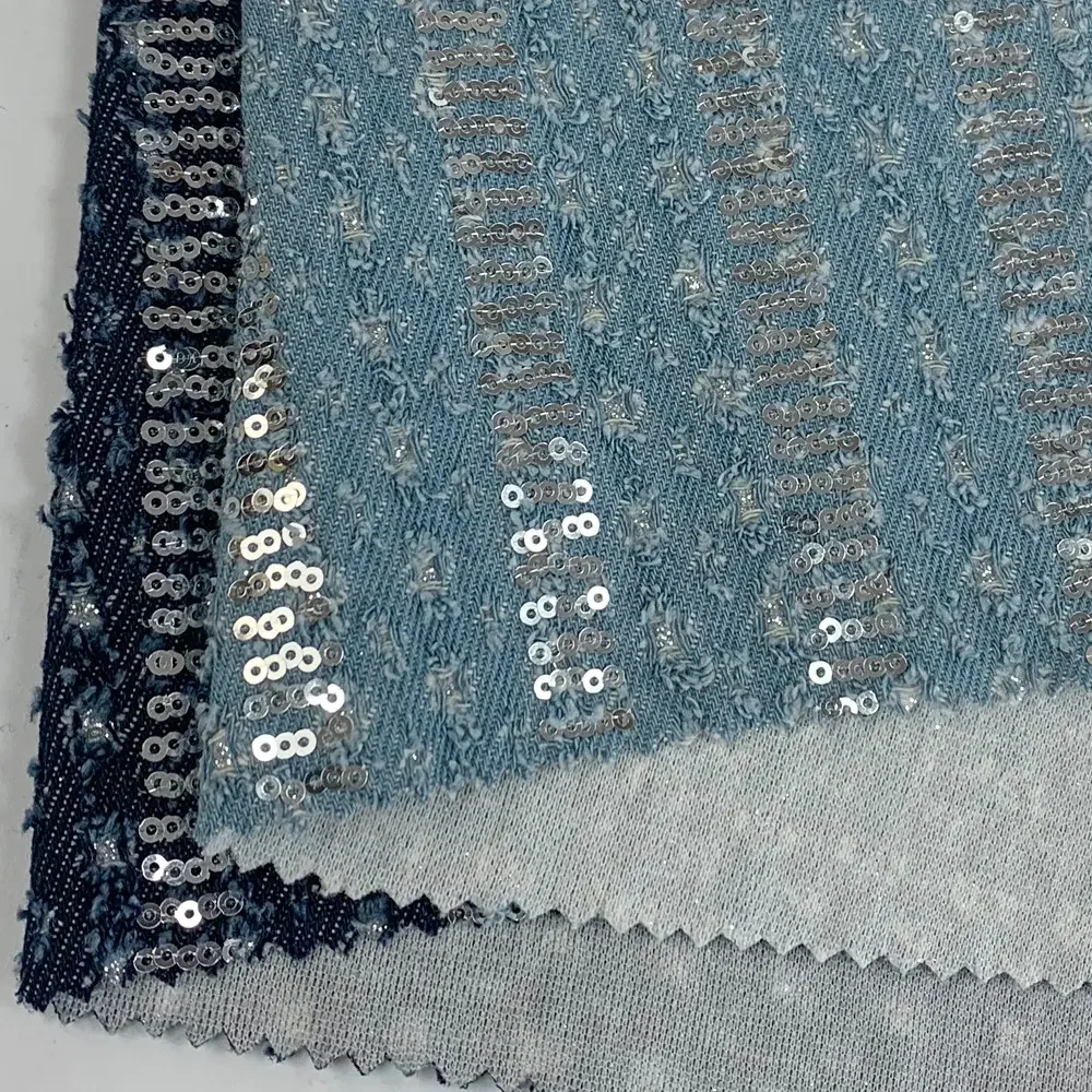 

Striped Ripped Sequin Denim Cloth New Designer Woven Denim Fabric For Short Jacket in Stock