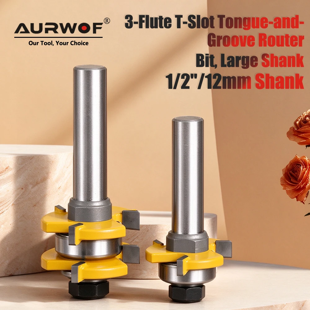 AURWOF 12.7mm & 12mm Shank 3-Wing T-Slot Tongue And Groove Router Bit, Bearing Guided Milling Cutter For Woodworking MC03031