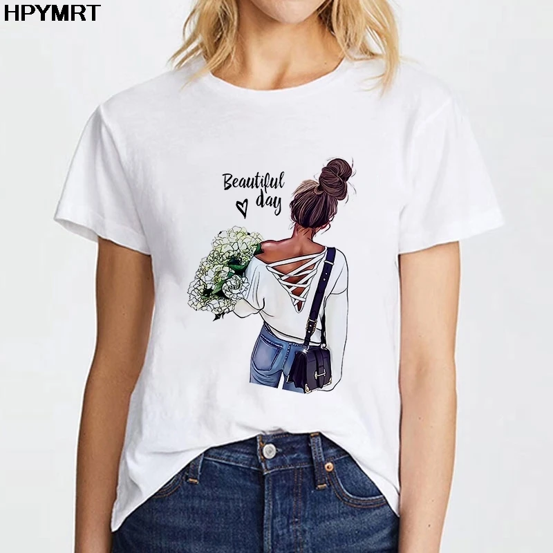 Summer Women T Shirt Casual Tops Tee White Short Sleeve T Shirt Woman Beauty of Bouquet Printed Harajuku Lady T-shirt Clothing