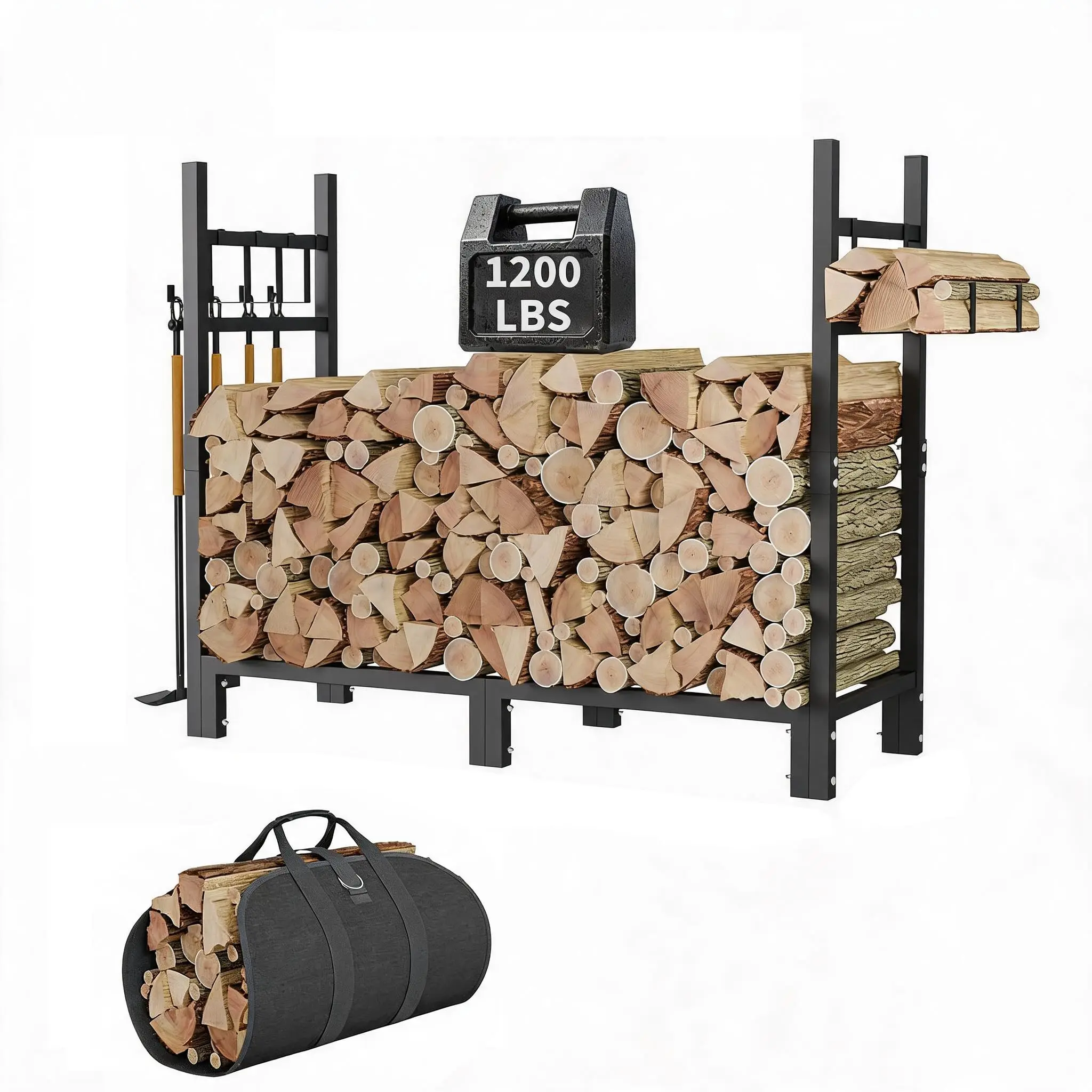 3/4/6/9FT Firewood Rack, 1200/1600/2000/3200 LBS Log Holder With Carrier Bag & Hooks, Indoor Outdoor Wood Storage For Fireplace