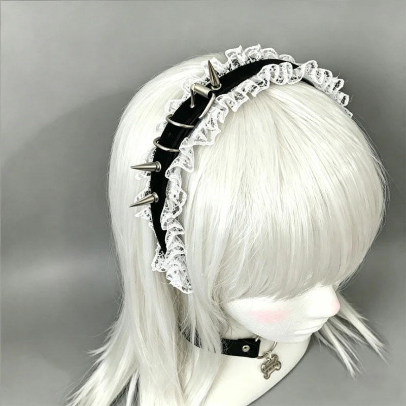 X5XA Bold Hair Accessory Headband with Ruffled Lace and Metal-Look Hardware for Women
